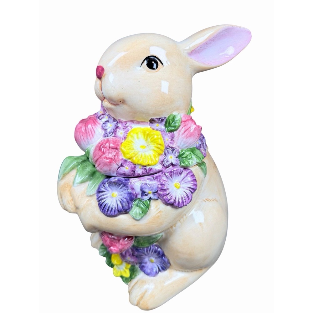 Harry & David Easter Bunny Cookie Jar Floral Rabbit Ceramic‎ Canister Spring